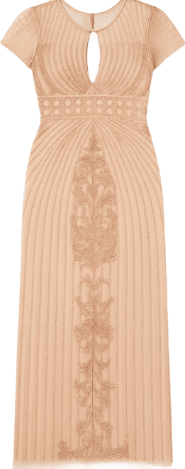 Women's Beaded Cap Sleeve Illusion Plunge Gown