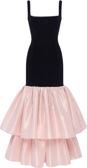 Women's Black Fitted Maxi Dress With Puffy Tiered Skirt