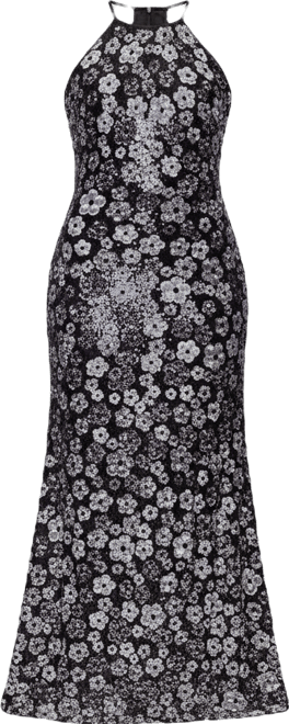 Petite All-Over Sequin Flower Halter Neck Long Dress