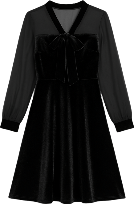 Women's Velvet Sheer Sleeves Skater Dress