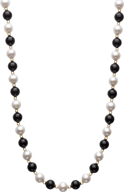Freshwater Pearl (7.5-8.5mm), Black Onyx and Gold Bead Necklace in 10k Yellow Gold