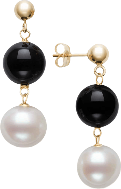 Freshwater Pearl (7.5-8.5mm), Black Onyx and Gold Bead Earrings in 10k Yellow Gold