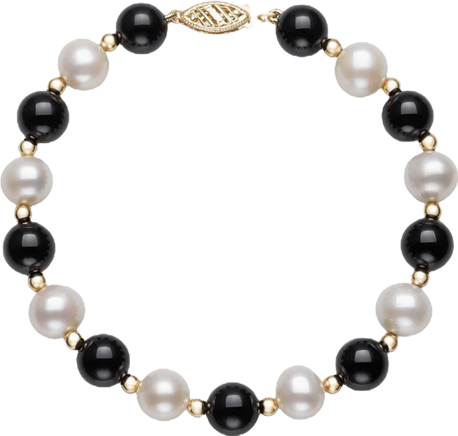 Freshwater Pearl (7.5-8.5mm), Black Onyx and Gold Bead Bracelet in 10k Yellow Gold