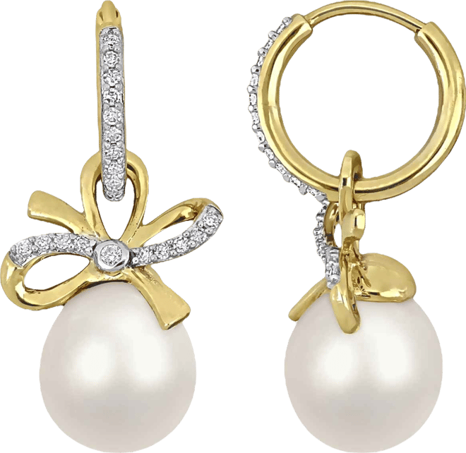 Cultured Freshwater Pearl (9-10mm) & White Sapphire Bow Drop Earrings (3/8 ct. t.w.) in 18K Gold Flash Plated Sterling Silver