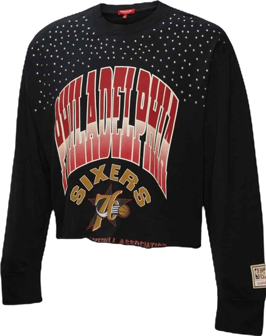 Women's Black Philadelphia 76ers Hardwood Classics Studded Boxy Cropped Long Sleeve T-Shirt