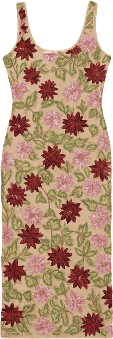 Women's Floral Beaded Mesh Scoop Neck Fitted Midi Dress