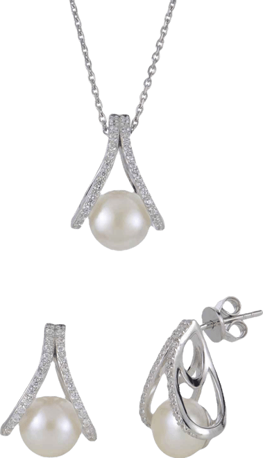 2-Pc. Cultured Freshwater Pearl (8-8.5mm) and Lab Created White Sapphire Earring and Pendant Necklace (0.507 ct. t.w.) Set in Sterling Silver -