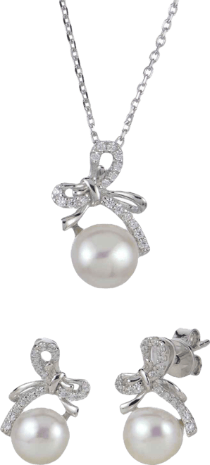 2-Pc. Cultured Freshwater Pearl (7-8mm) and Lab Created White Sapphire Earring and Bow Pendant Necklace (0.309 ct. t.w.) Set in Sterling Silver