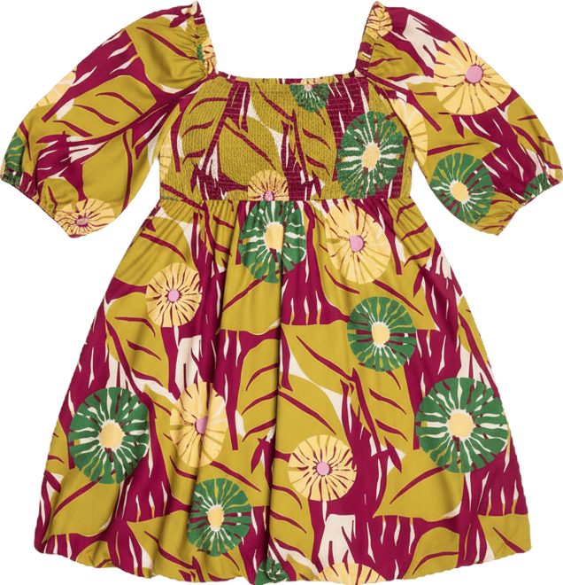 Plus Size Print Smocked Puff Sleeve Bubbled Dress