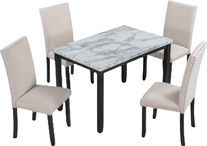 5-Piece Dining Set for 4 with Faux Marble Tabletop and Upholstered Chairs, Elegant Table Set for Kitchen or Dining Room- -