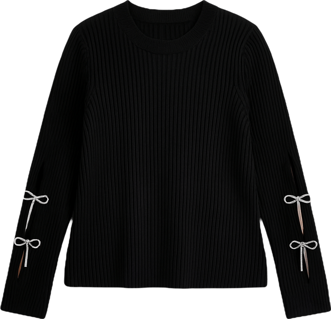 Trendy Plus Size Rhinestone Bow-Sleeve Ribbed Sweater