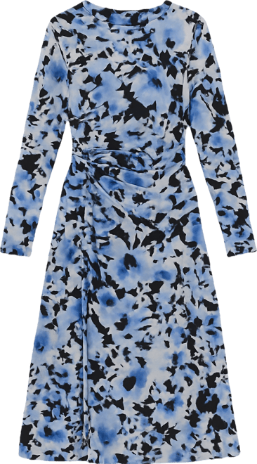 Women's Mesh Printed Ruched A-Line Midi Dress