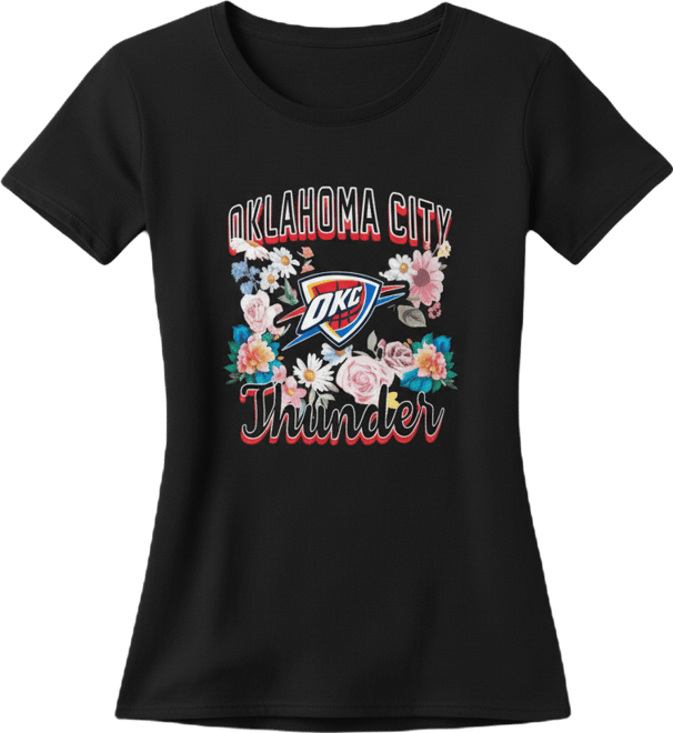 Women's Black Oklahoma City Thunder Super-Slim Fit Lightweight Flowers Team Logo Graphic T-Shirt