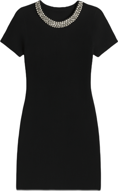 Women's Short-Sleeve Embellished Neck Short Dress