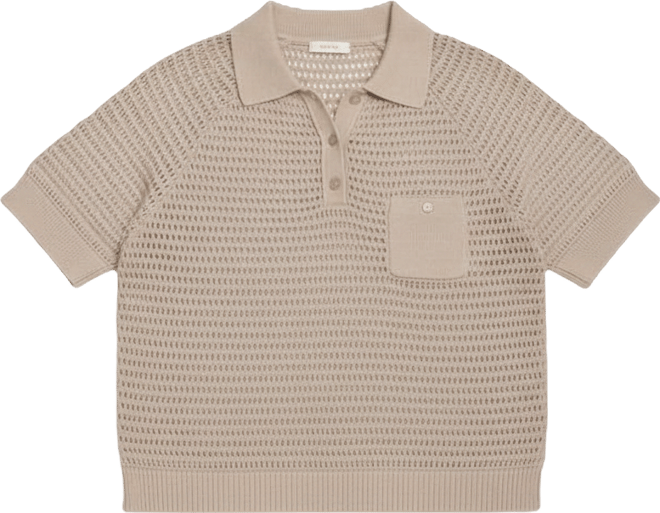 Women's Short-Sleeve Polo Collar Faux Crochet Stitch Sweater