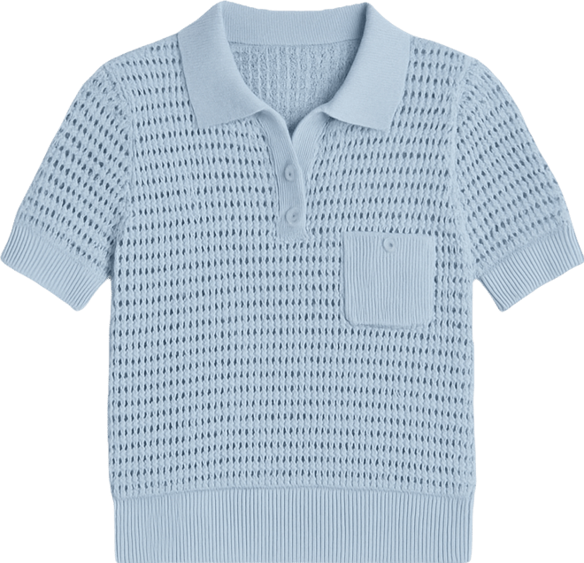 Women's Short-Sleeve Polo Collar Faux Crochet Stitch Sweater