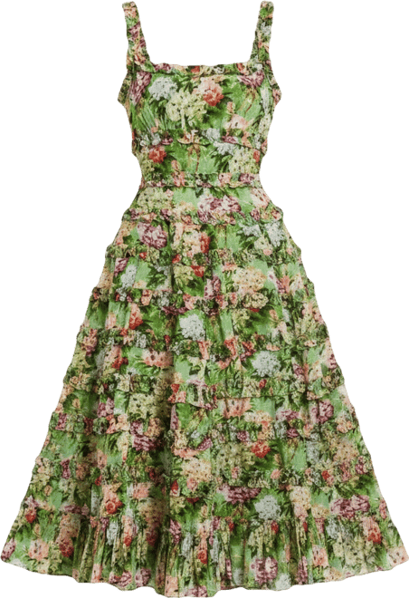 Women's Elegant Ruffled Floral Square Neck Midi Dress