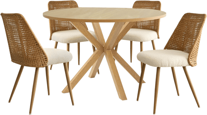 5-Piece Round Glass Dining Set, Modern Kitchen Table with Oak Finish Metal Legs and 4 Upholstered Chairs for Small Spaces