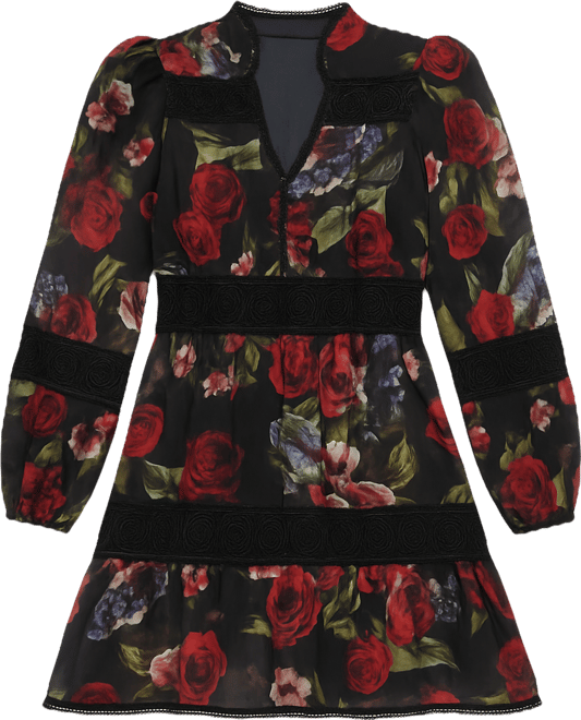 Women's Floral-Print Lace-Trim Chiffon Dress