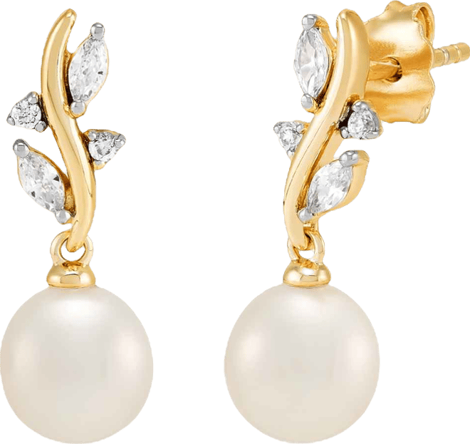 2-Pc. Cultured Freshwater Pearl (7-8mm) and White Cubic Zirconia Drop Earrings and Pendant Necklace Set in 14k Yellow Gold Over Sterling Silver