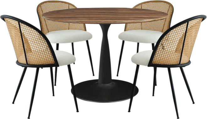 5-Piece Round Dining Table Set with Faux Rattan Back Chairs, Walnut Mdf Top and Metal Base, Small Kitchen Table Set for 4