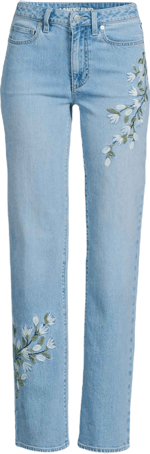 Women's Soft Denim Mid Rise Relaxed Straight Leg Embroidered Jeans
