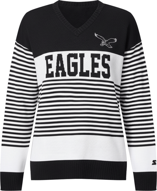 Women's Black Philadelphia Eagles No Huddle Striped V-Neck Sweater