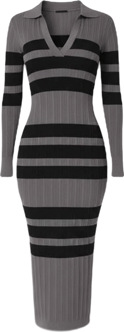 Women's Long Sleeve Collar Striped Knit Dress