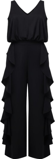 Women's V-Neck Stretch Satin Jumpsuit with Ruffles