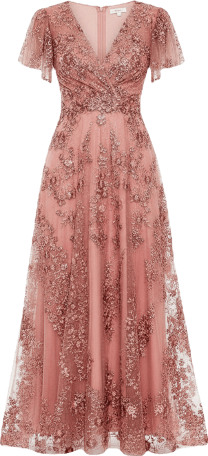 Women's Embroidered Flutter Sleeve A Line V Neck Dress