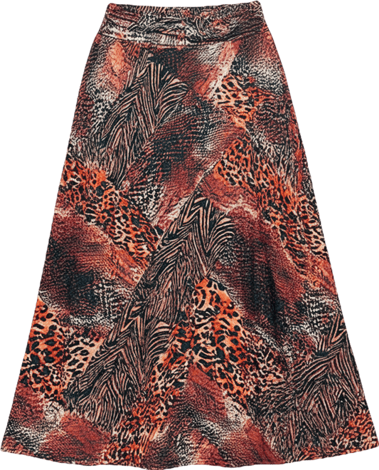 Plus Size Brown Animal Patchwork Print Maxi Skirts
