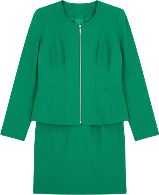 Women's Collarless Zip-Front Ponte Skirt Suit, Regular & Petites
