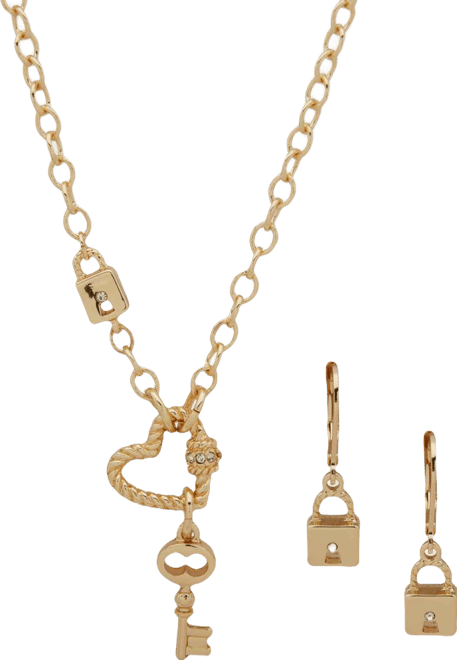 2-Piece Plastic Glass Stone Linked Heart, Lock, Key Necklace and Earrings Set