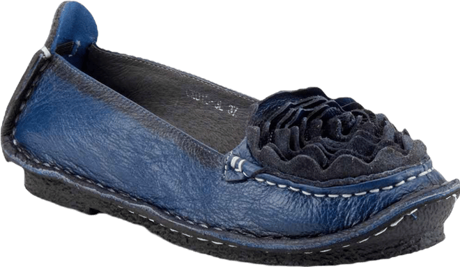 Dezi Hand-Painted Leather, Ombre Finish, Flower Accent, Cushioned Insole, Rubber Outsole – Round Toe Artisan Slip-On Flats