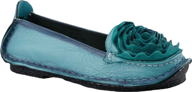 Dezi Hand-Painted Leather, Ombre Finish, Flower Accent, Cushioned Insole, Rubber Outsole – Round Toe Artisan Slip-On Flats