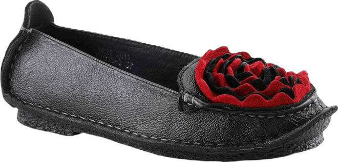 Dezi Hand-Painted Leather, Ombre Finish, Flower Accent, Cushioned Insole, Rubber Outsole – Round Toe Artisan Slip-On Flats