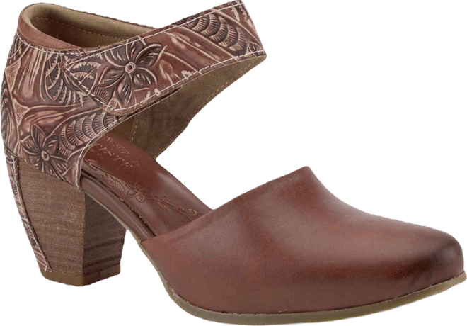 Women's Toolie Hand-Painted Leather D'Orsay Mary Jane Heels with Tooled Details, Hook-and-Loop Strap, Padded Collar, and Tooled Stacked Heel