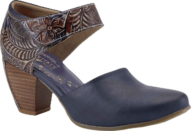 Women's Toolie Hand-Painted Leather D'Orsay Mary Jane Heels with Tooled Details, Hook-and-Loop Strap, Padded Collar, and Tooled Stacked Heel