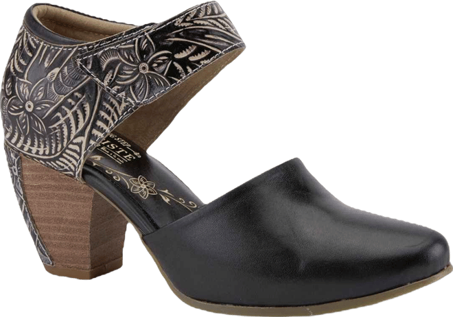 Women's Toolie Hand-Painted Leather D'Orsay Mary Jane Heels with Tooled Details, Hook-and-Loop Strap, Padded Collar, and Tooled Stacked Heel