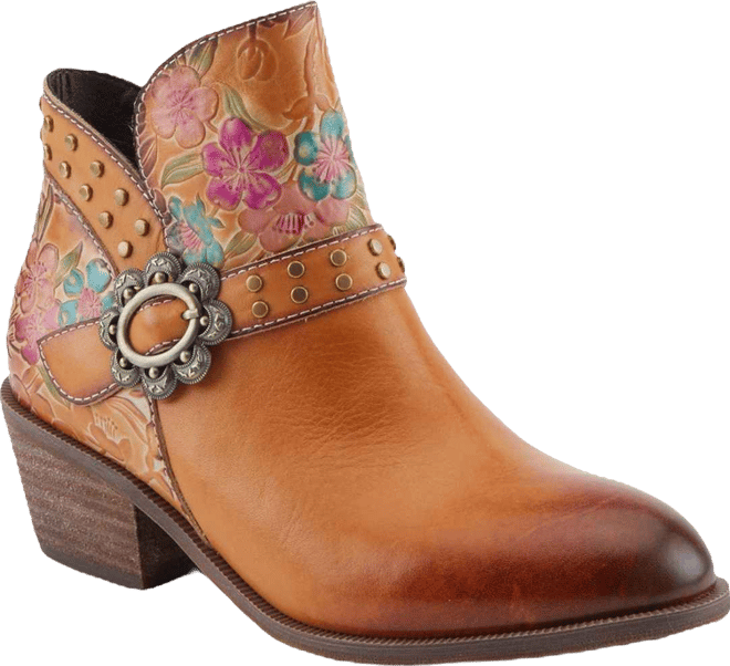Women's Daintylady Western Ankle Boots with Hand-Painted Floral Embossing, Studded Belt Detail, Side Zipper, and 2¼" Heel –