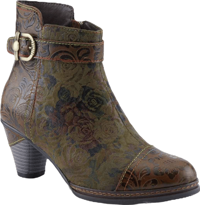 Women's Antilles Floral Embossed Suede Booties with Vintage Buckle Detail, Inside Zipper, Low Heel, and Faux Fur Lining – Boho-Inspir