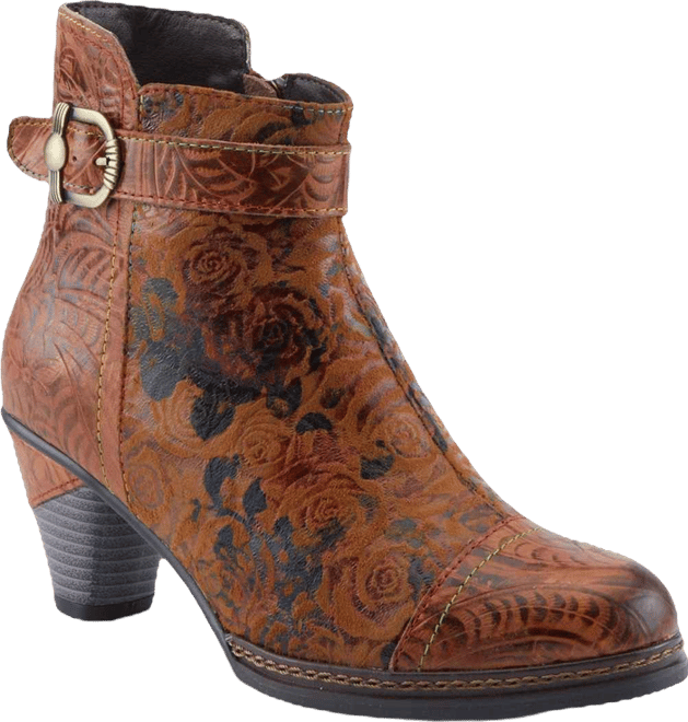 Women's Antilles Floral Embossed Suede Booties with Vintage Buckle Detail, Inside Zipper, Low Heel, and Faux Fur Lining – Boho-Inspir