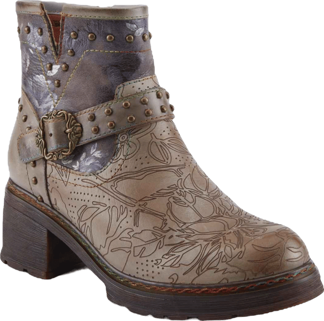 Women's Branchout Hand-Painted Leather Booties with Etched Botanical Motifs, Studded Buckle Strap, Inside Zipper, and Rainbow Stitching 