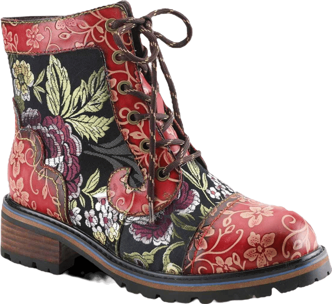 Women's Fantastic Leather Booties with Embroidered Textile, Embossed Floral Leather, Inside Zipper, and Lug Sole – Artisan Comfort An