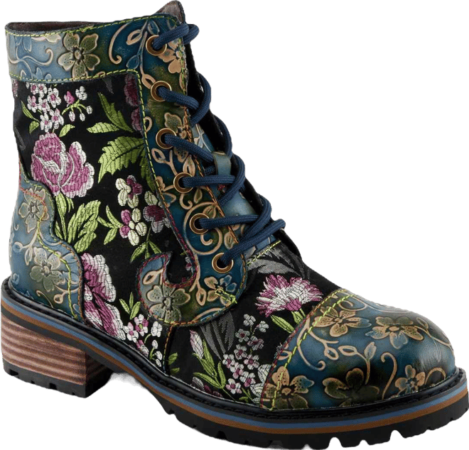 Women's Fantastic Leather Booties with Embroidered Textile, Embossed Floral Leather, Inside Zipper, and Lug Sole – Artisan Comfort An