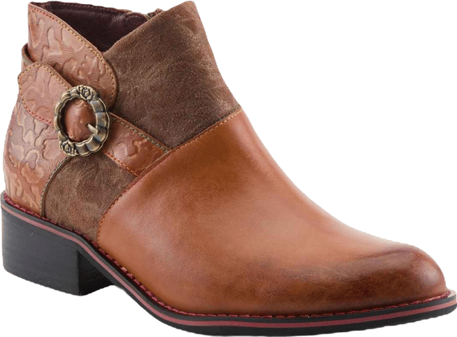 Women's Tiatia Hand-Painted Leather Ankle Boots with Asymmetrical Buckle Strap, Embossed and Suede Panels, Block Heel, and Side Zipper – Fre