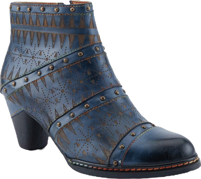 Women's Niobe Leather Ankle Boots with Burnished Finish, Gold Studs, Etched Patterns, Inside Zipper, and Rainbow Stitching – Artisan