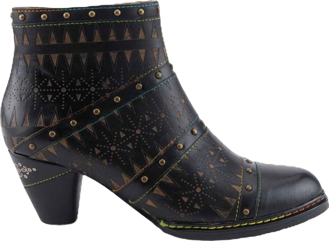Women's Niobe Leather Ankle Boots with Burnished Finish, Gold Studs, Etched Patterns, Inside Zipper, and Rainbow Stitching – Artisan