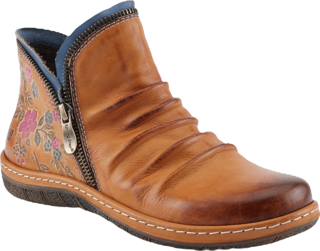 Women's Chesapeake Hand-Painted Leather Booties with Ruched Front, Inside Zipper, Floral Details, and Flexible Sole – Comfortable Boho-Inspi