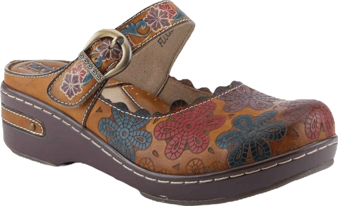 Women's Flochino Hand-Painted Leather Clogs with Floral Ankle Strap, Scalloped Edges, Brass Buckles, and Plush Microsuede Footbed – Vintage-